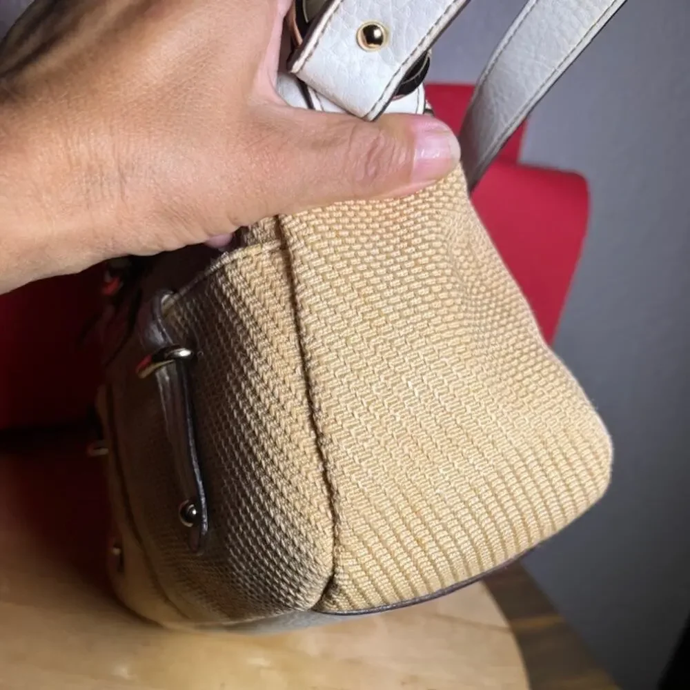 Etienne Aigner White and Tan Textile Woven Shoulder Bag